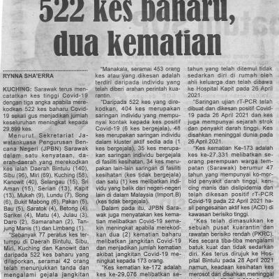 30.04.2021 Utusan Sarawak Pg.4 522 Kes Baharu Dua Kematian