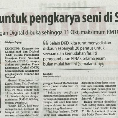 16 Sept 2023. Utusan Borneo Pg.2 Dana Rm3 Juta Untuk Pengkarya Seni Di Sabah Sarawak