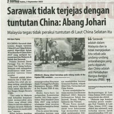 2 September 2023 Utusan Borneo Pg.2 Sarawak Tidak Terjejas Dengan Tuntutan China Abang Johari