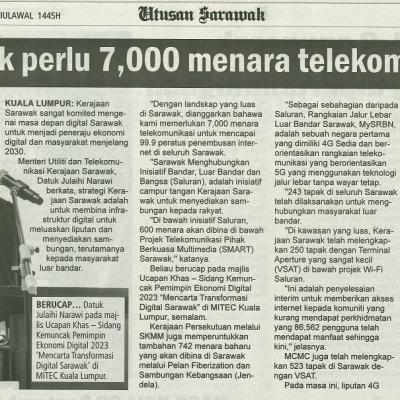 20 September 2023 Utusan Sarawak Pg.7 Sarawak Perlu 7000 Menara Telekomunikasi