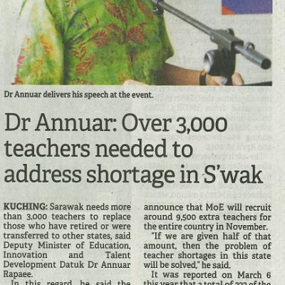 19 Oktober 2023 Borneo Post Pg.3 Dr Annuar Over 3000 Teachers Needed To Address Shortage In Swak
