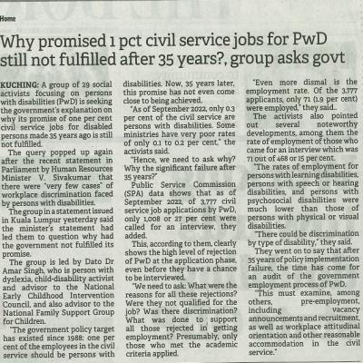 20 Borneo Post Pg.2 Why Promised 1 Pct Civil Service Jobs For Pwd Still Not Fulfilled After 35 Years Group Asks Govt