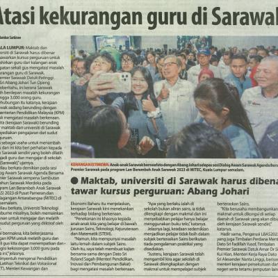 22 Oktober 2023 Utusan Borneo Pg.1 Atasi Kekurangan Guru Di Sarawak