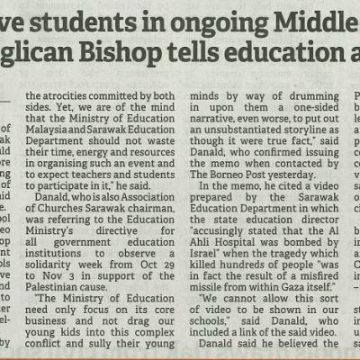 26 Oktober 2023 Borneo Post Pg.1 Dont Involve Student In Ongoing Middle East Conflict Anglican Bishop Tells Education Authorities