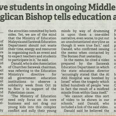 26 Oktober 2023 Borneo Post Pg.1 Dont Involve Student In Ongoing Middle East Conflict Anglican Bishop Tells Education Authorities