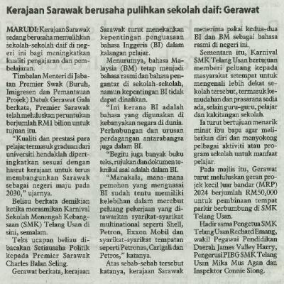 29 Oktober 2023 Utusan Borneo Pg.6 Kerajaan Sarawak Berusaha Pulihkan Sekolah Daif Gerawat