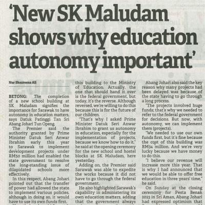 3 Oktober 2023 Borneo Post Pg.2 New Sk Maludam Shows Why Education Autonomy Important