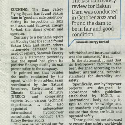 4 Oktober 2023 Borneo Post Pg.1 Bakun Dam In Good And Safe Condition