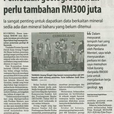 13 November 2023 Utusan Borneo Pg.2 Pemetaan Geologi Sarawak Perlu Tambahan Rm300 Juta