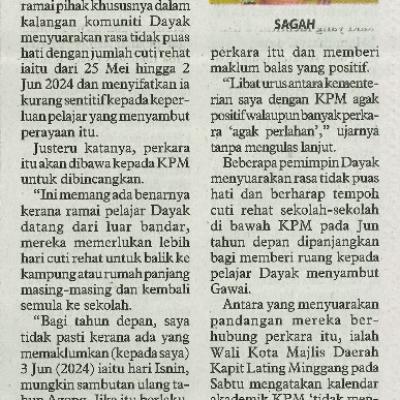 15 November 2023 Utusan Borneo Pg.3 Meitd Akan Berunding Dengan Kpm Berhubung Kekurangan Cuti Rehat Sempena Gawai