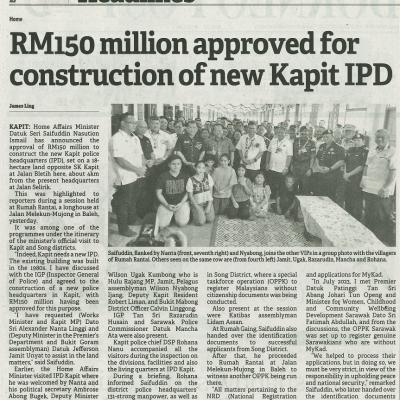20 November 2023 Borneo Post Pg.2 Rm150 Million Approved For Construction Of New Kapit Ipd