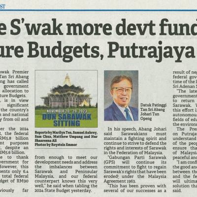 21 November 2023 Borneo Post Pg.3 Give Swak More Devt Funds In
