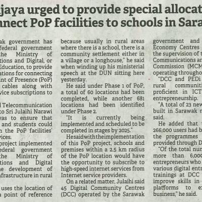 28 November 2023 Borneo Post Pg.4 Putrajaya Urged To Provide Special Allocations To Connect Pop Facilities To Schools In Sarawak