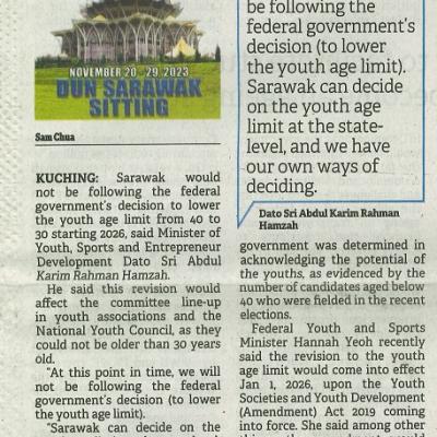 29 November 2023 Borneo Post Pg.1 Youth Age In Sarawak Stays At 40