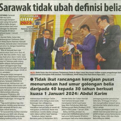 29 November 2023 Utusan Borneopg.1 Sarawak Tidak Ubah Definisi Belia