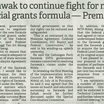 30 November 2023 Borneo Post Pg.2 Sarawak To Continue Fight For New Special Grants Formula Premier