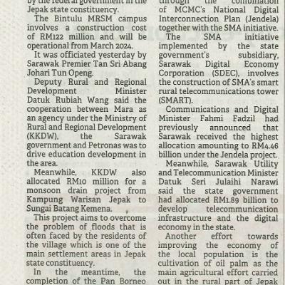 4 November 2023 Borneo Post Pg.2 Jepak Under Federal Govts Devt Radar