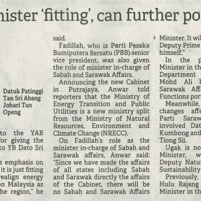 13 Disember 2023 Borneo Post Pg.1 Fadillah As Energy Minister Fitting Can Futher Posit Msia As Green Hub