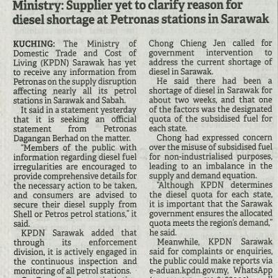 27 Disember 2023 Borneo Post Pg.3 Ministry Supplier Yet To Clarify Reason For Diesel Shortage At Petronas Stations In Sarawak
