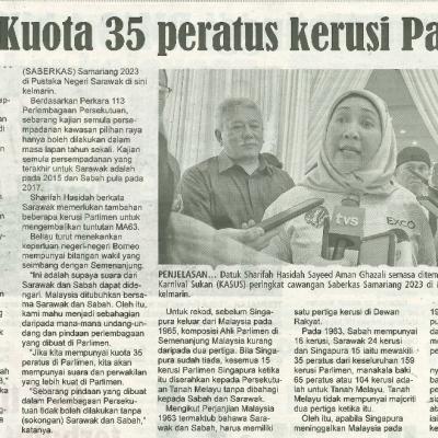 27 Disember 2023 Utusan Sarawak Pg.4 Ma63 Kuota 35 Peratus Kerusi Parlimen