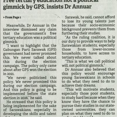 29 Disember 2023 Borneo Post Pg.2 Free Tertiary Education Not A Political Gimmick By Gps Insists Dr Annuar