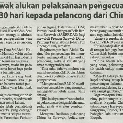 6 Disember 2023 Utusan Borneo Pg.3 Sarawak Alukan Pelaksanaan Pengecualian Visa 30 Hari Kepada Pelancong Dari China