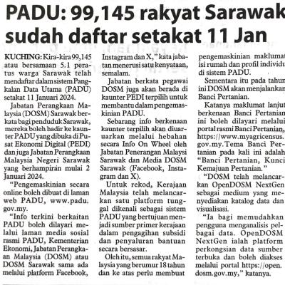13 Januari 2024 Utusan Borneo Pg.4 Padu 99145 Rakyat Sarawak Sudah Daftar Setakat 11 Jan
