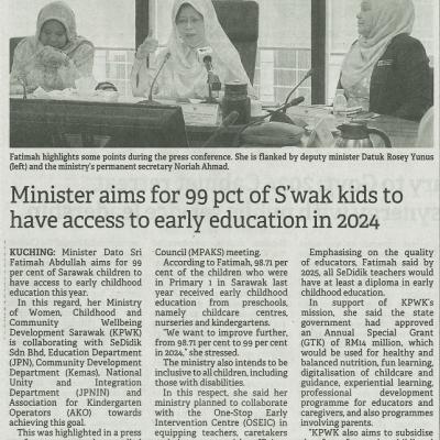 20 Januari 2024 Borneo Post Pg.2 Minister Aims For 99 Pct Of Swak Kids To Have Access To Early Education In 2024