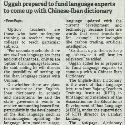 26 Januari 2024 Borneo Post Pg.2 Uggah Prepared To Fund Language Experts To Come Up With Chines Iban Dictionary