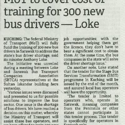 9 Januari 2024 Borneo Post Pg.3 Mot To Cover Cost Of Training For 300 New Drivers Loke