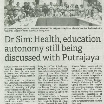 19 Februari 2024 Borneo Post Pg.4 Dr Sim Health Education Autonomy Still Being Discussed With Putrajaya