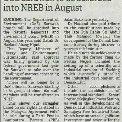 26 Februari 2024 Borneo Post Pg.1 Doe Sarawak To Be Absorbed Into Nreb In August
