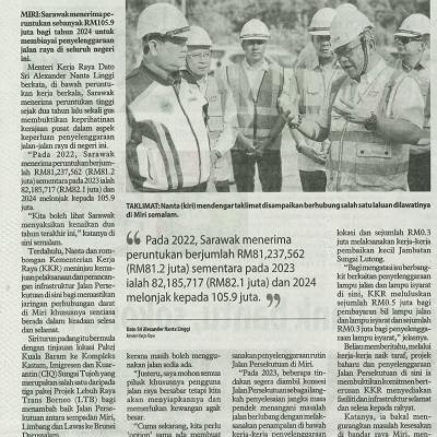 6 Februari 2024 Utusan Borneo Pg.2 Sarawak Terima Rm105.9 Juta Untuk Penyelenggaraan Jalan