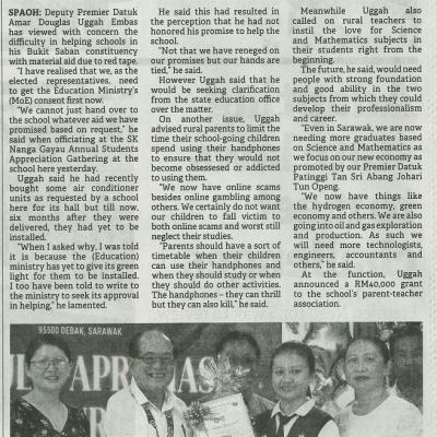 8 Februari 2024 Borneo Post Pg.2 Unggah Difficult To Give Material Aid To Schools Due To Moe Red Tape