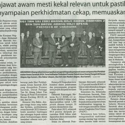 8 Februari 2024 Utusan Borneo Pg.2 Penjawat Awam Mesti Kekal Relevan Untuk Pastikan Penyampaian Perkhidmatan Cekap Memuaskan