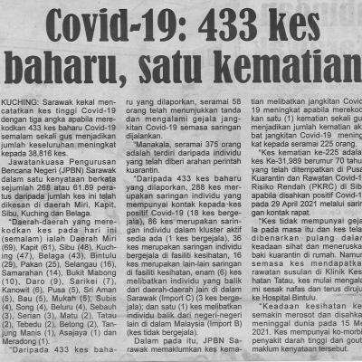 18.5.2021 Utusan Sarawak Pg.4 Covid 19 433 Kes Baharu Satu Kematian