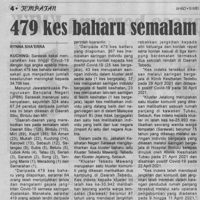 9.5.2021 Mingguan Sarawak Pg.4 479 Kes Baharu Semalam