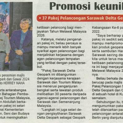 03 April 2024 Utusan Sarawak Pg.3promosi Keunikan Sarawak 37 Pakej Pelancongan Sarawak Delta Geopark Dan Gawai 2024