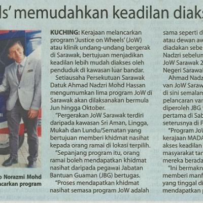 21 Mei 2024 Utusan Borneo Pg.1 Program Justice On Wheels Memudahkan Keadilan Diakses Penduduk Luar Bandar