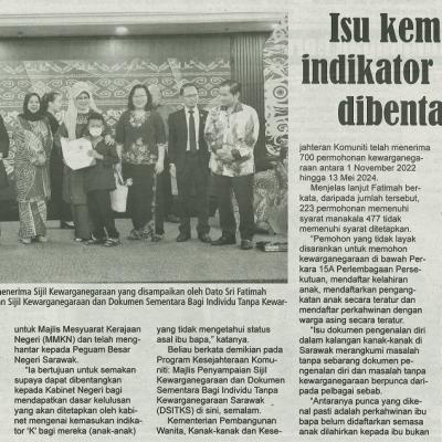 13 Jun 2024 Utusan Sarawak Pg.7 Isu Kemasukan Indikator K Bakal Dibentangkan