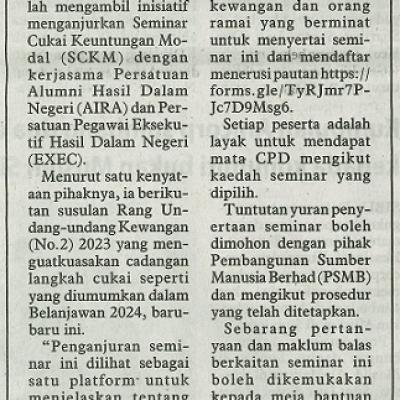 22 Jun 2024 Utusan Borneo Pg.8 Pendaftaran Seminar Cukai Keuntungan Modal 2024 Dibuka