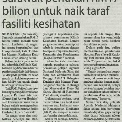 9 Jun 2024 Utusan Borneo Pg.6 Sarawak Perlukan Rm17 Bilion Untuk Naik Taraf Fasiliti Kesihatan