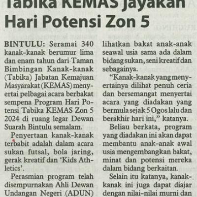 8 Ogos 2024 Utusan Borneo Pg.5 340 Kanak Kanak Tabika Kemas Jayakan Hari Potensi Zon 5