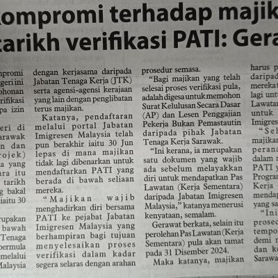 28 September 2024 Utusan Borneo Pg.7 Tiada Kompromi Terhadap Majikan Lanjut Tarikh Verifikasi Pati Gerawat