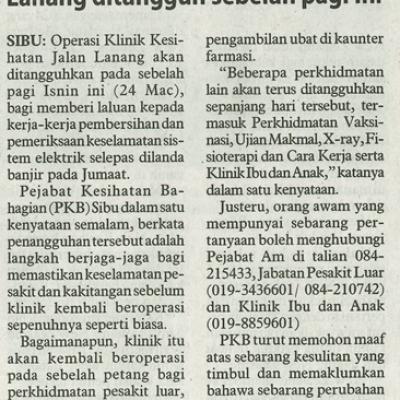 24 Mac 2025 Utusan Borneo Pg.8 Operasi Klinik Kesihatan Jalan Lanang Ditangguh Sebelah Pagi Ini