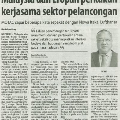 9 Mac 2025 Utusan Borneo Pg.6malaysia Dan Eropah Perkukuh Kerjasama Sektor Pelancongan