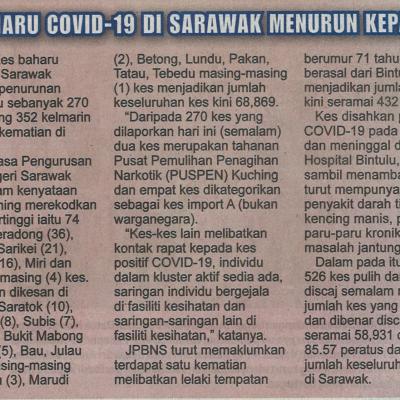 12.7.2021 Utusan Borneo Pg.1 Kes Baharu Covid 19 Di Sarawak Menurun Kepada 270