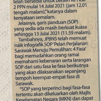 13.7.2021 Utusan Borneo Pg.1 Sarawak Beralih Fasa 2 Ppn Mulai 14 Julai
