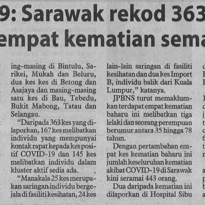 16.7.2021 Utusan Borneo Pg.3 Covid 19 Sarawak Rekod 363 Kes Baharu Empat Kematian Semalam