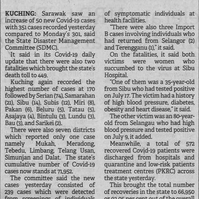 21.7.2021 The Borneo Post Pg.2 Covid 19 351 New Cases Two Deaths In Sarawak